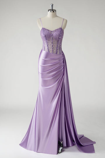 Sparkly Purple Sequins Ruched Corset Side Cape Satin Long Prom Dress with Slit
